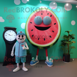 Sky Blue Watermelon mascot costume character dressed with a Henley Shirt and Digital watches