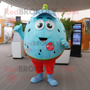 Sky Blue Watermelon mascot costume character dressed with a Henley Shirt and Digital watches