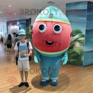 Sky Blue Watermelon mascot costume character dressed with a Henley Shirt and Digital watches