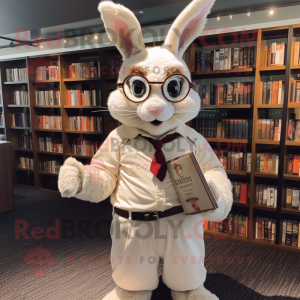 Cream Wild Rabbit mascot costume character dressed with a Henley Shirt and Reading glasses