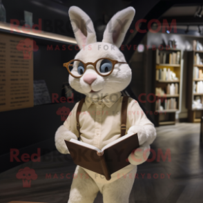 Cream Wild Rabbit mascot costume character dressed with a Henley Shirt and Reading glasses