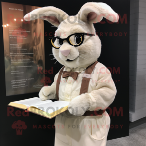 Cream Wild Rabbit mascot costume character dressed with a Henley Shirt and Reading glasses