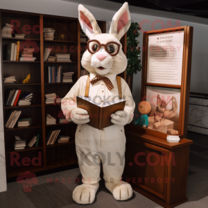 Cream Wild Rabbit mascot costume character dressed with a Henley Shirt and Reading glasses