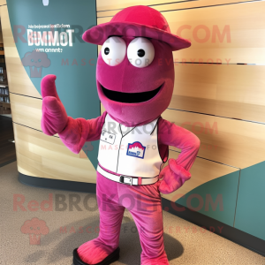 Magenta Shrimp Scampi mascot costume character dressed with a Romper and Berets