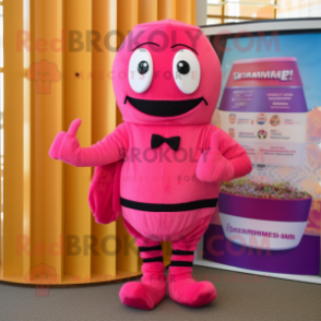 Magenta Shrimp Scampi mascot costume character dressed with a Romper and Berets