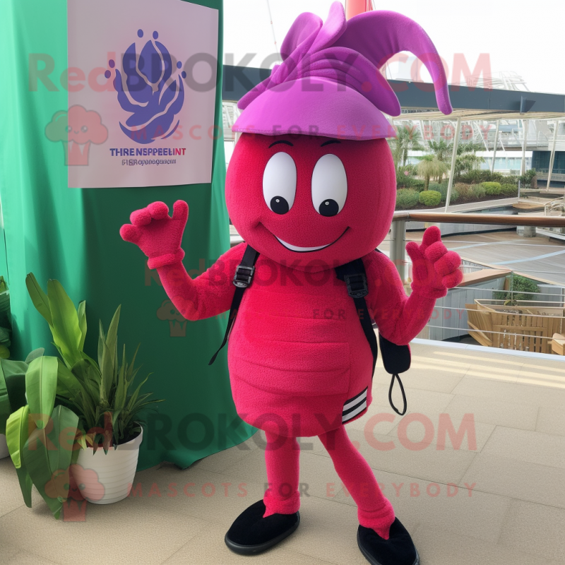 Magenta Shrimp Scampi mascot costume character dressed with a Romper and Berets Magenta Shrimp Scampi mascot costume character dressed with a Romper and Berets
