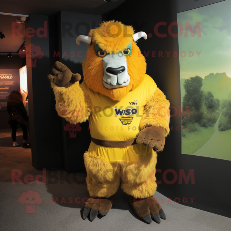 Yellow Bison mascot costume character dressed with a V-Neck Tee and Gloves Yellow Bison mascot costume character dressed with a V-Neck Tee and Gloves
