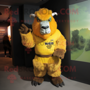 Yellow Bison mascot costume character dressed with a V-Neck Tee and Gloves