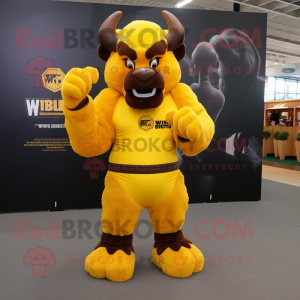 Yellow Bison mascot costume character dressed with a V-Neck Tee and Gloves