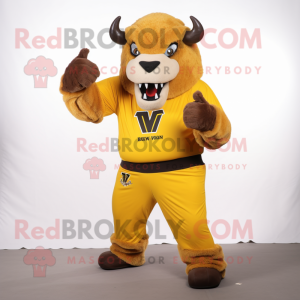 Yellow Bison mascot costume character dressed with a V-Neck Tee and Gloves