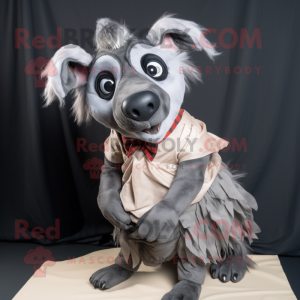 Gray Hyena mascot costume character dressed with a Wrap Skirt and Ties