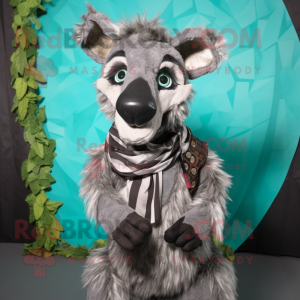 Gray Hyena mascot costume character dressed with a Wrap Skirt and Ties