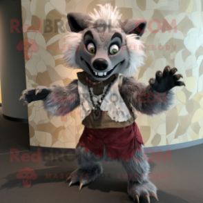 Gray Hyena mascot costume character dressed with a Wrap Skirt and Ties