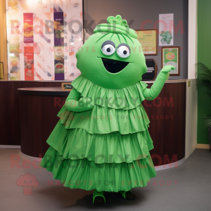 Green Steak mascot costume character dressed with a Pleated Skirt and Shawl pins