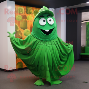 Green Steak mascot costume character dressed with a Pleated Skirt and Shawl pins