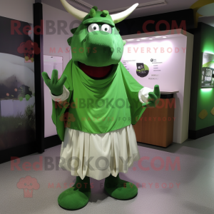 Green Steak mascot costume character dressed with a Pleated Skirt and Shawl pins