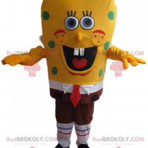 Mascote do Bob Esponja muito sorridente, com ervilhas verdes -