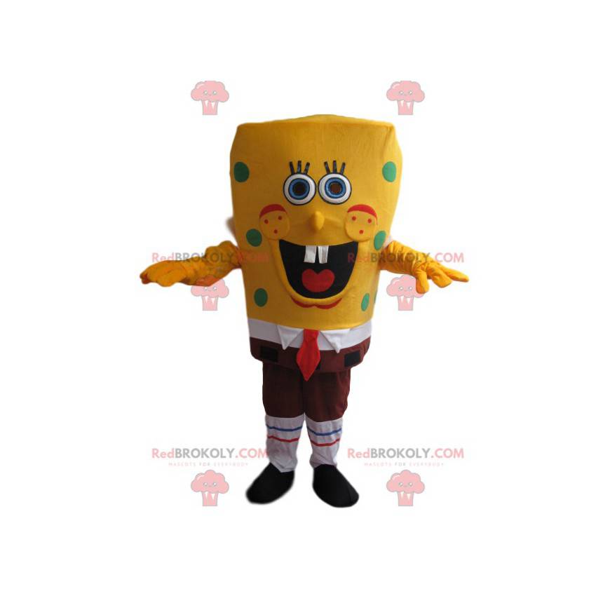 Mascote do Bob Esponja muito sorridente, com ervilhas verdes - Mascote do Bob Esponja muito sorridente, com ervilhas verdes -