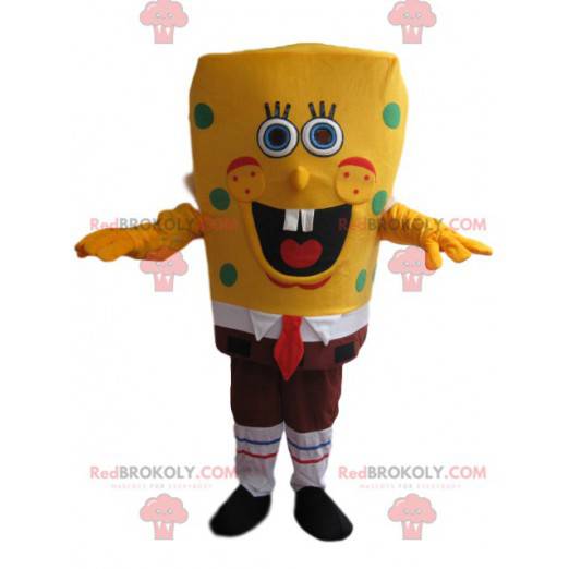 Mascote do Bob Esponja muito sorridente, com ervilhas verdes -