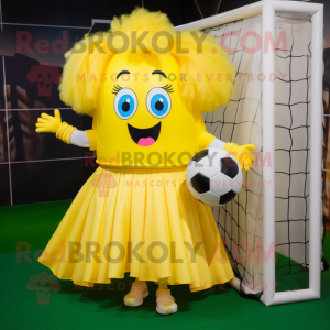 Yellow Soccer Goal mascot costume character dressed with a A-Line Skirt and Hair clips