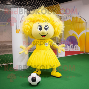 Yellow Soccer Goal mascot costume character dressed with a A-Line Skirt and Hair clips