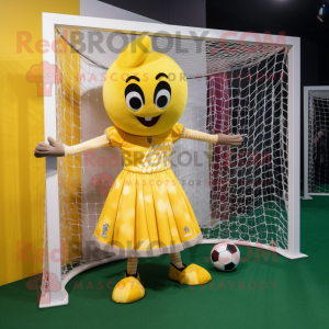 Yellow Soccer Goal mascot costume character dressed with a A-Line Skirt and Hair clips