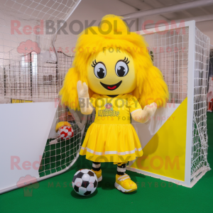 Yellow Soccer Goal mascot costume character dressed with a A-Line Skirt and Hair clips