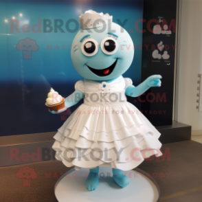 Cyan Cupcake mascot costume character dressed with a Wedding Dress and Bracelets