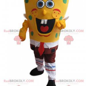 Mascota Bob Esponja muy sonriente, con guisantes -