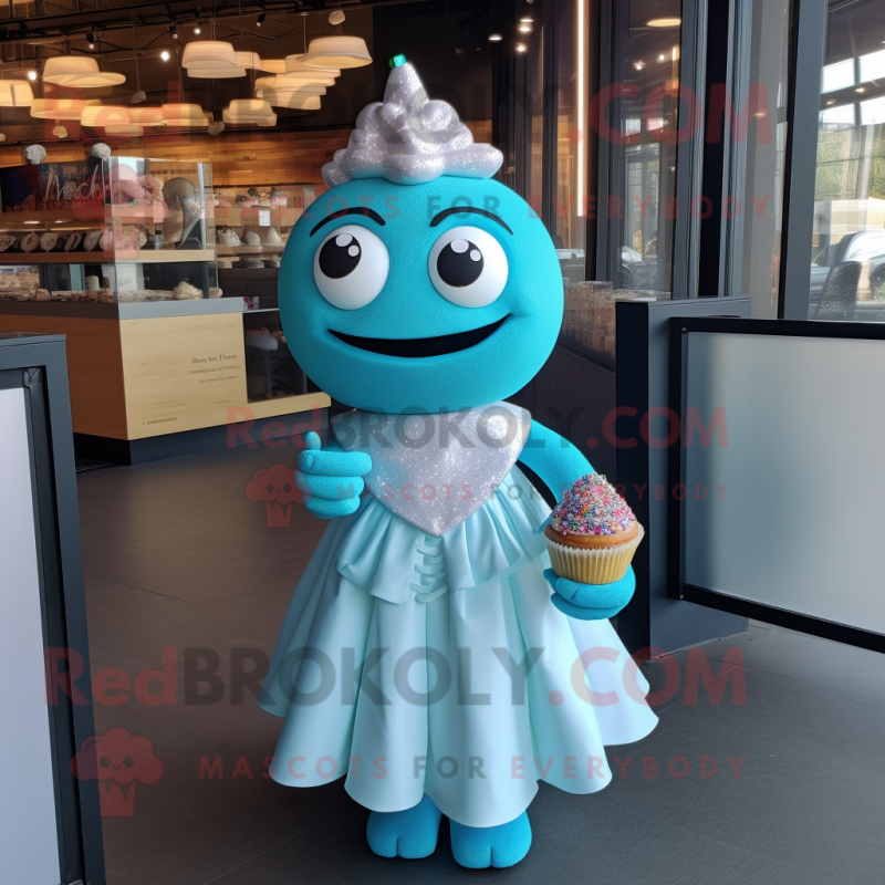 Cyan Cupcake mascot costume character dressed with a Wedding Dress and Bracelets Cyan Cupcake mascot costume character dressed with a Wedding Dress and Bracelets