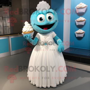 Cyan Cupcake mascot costume character dressed with a Wedding Dress and Bracelets