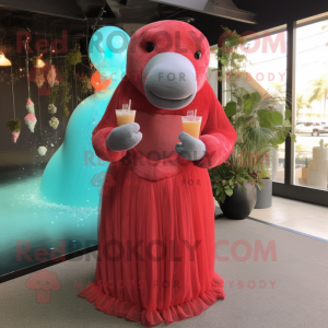 Red Stellar'S Sea Cow mascot costume character dressed with a Cocktail Dress and Handbags