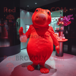 Red Stellar'S Sea Cow mascot costume character dressed with a Cocktail Dress and Handbags