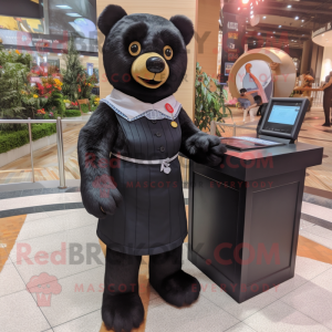 Black Bear mascot costume character dressed with a Pencil Skirt and Brooches