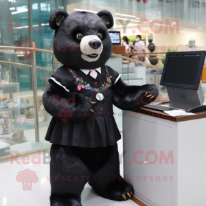 Black Bear mascot costume character dressed with a Pencil Skirt and Brooches