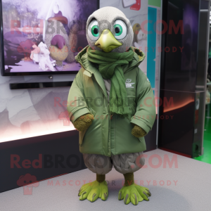 Green Quail mascot costume character dressed with a Parka and Bracelets