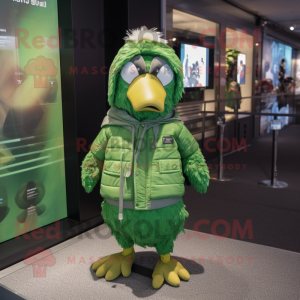 Green Quail mascot costume character dressed with a Parka and Bracelets
