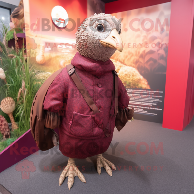 Maroon Guinea Fowl mascot costume character dressed with a Parka and Clutch bags