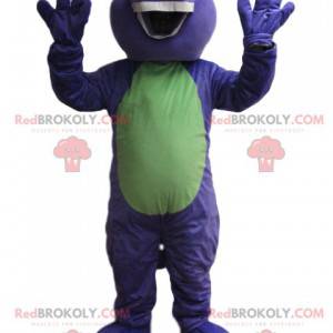 Mascote de dinossauro roxo e verde. Fantasia de dinossauro -