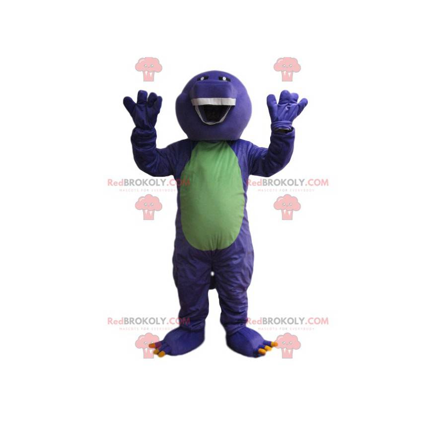 Mascote de dinossauro roxo e verde. Fantasia de Cortar L (175-180CM)