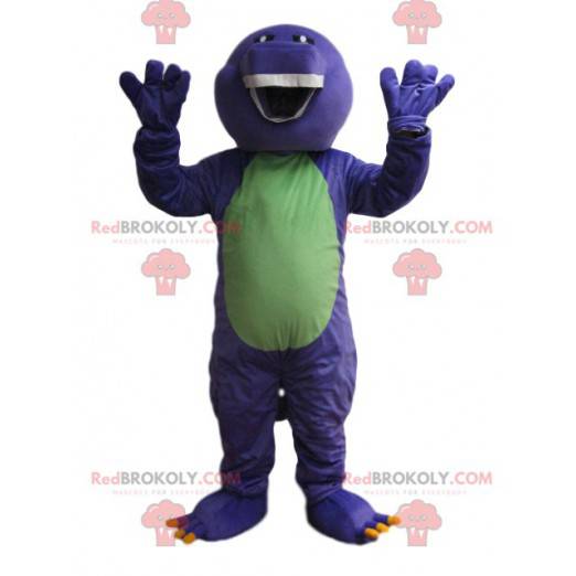 Mascote de dinossauro roxo e verde. Fantasia de dinossauro -