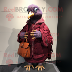 Maroon Guinea Fowl mascot costume character dressed with a Parka and Clutch bags