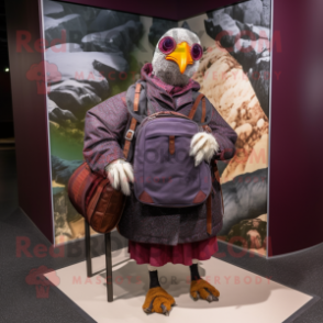 Maroon Guinea Fowl mascot costume character dressed with a Parka and Clutch bags