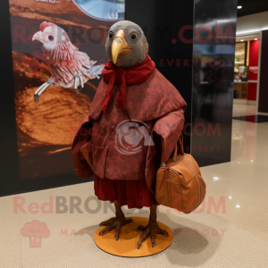 Maroon Guinea Fowl mascot costume character dressed with a Parka and Clutch bags