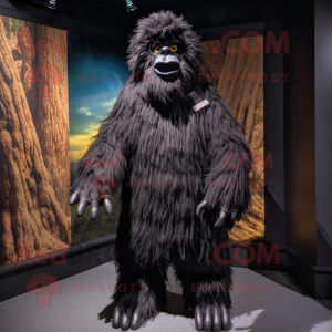 Black Sasquatch mascot costume character dressed with a Pleated Skirt and Tie pins