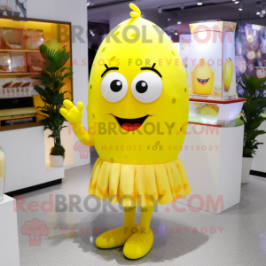 Lemon Yellow Ice mascot costume character dressed with a Pencil Skirt and Earrings