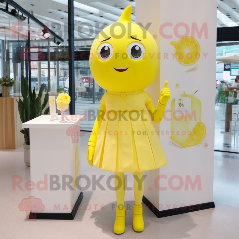 Lemon Yellow Ice mascot costume character dressed with a Pencil Skirt and Earrings