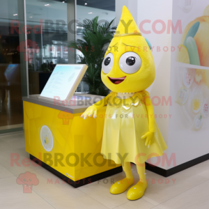 Lemon Yellow Ice mascot costume character dressed with a Pencil Skirt and Earrings