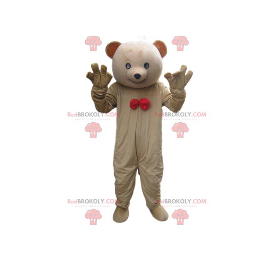 Orso mascotte beige con un papillon rosso - Redbrokoly.com