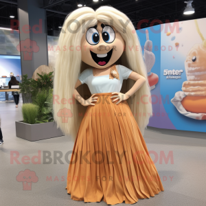 Tan Apricot mascot costume character dressed with a Maxi Skirt and Hair clips